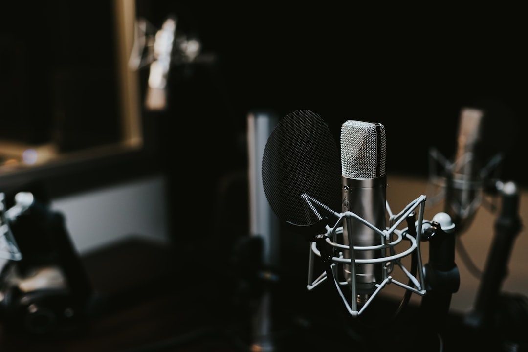 Condensatormicrofoon in een donkere professionele radiostudio