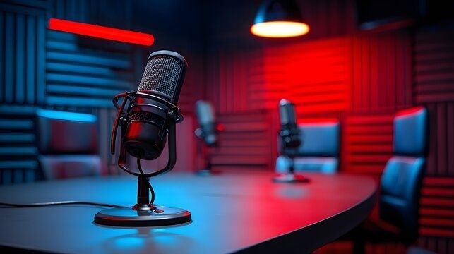 Microfoon in een kleurrijke radiostudio voor politieke ochtendgesprekken
